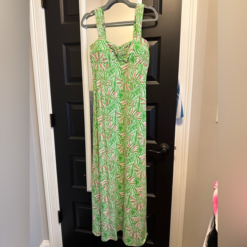 Lilly Pulitzer Green Pink Patterned Maxi Dress stretch jersey Euc medium petite